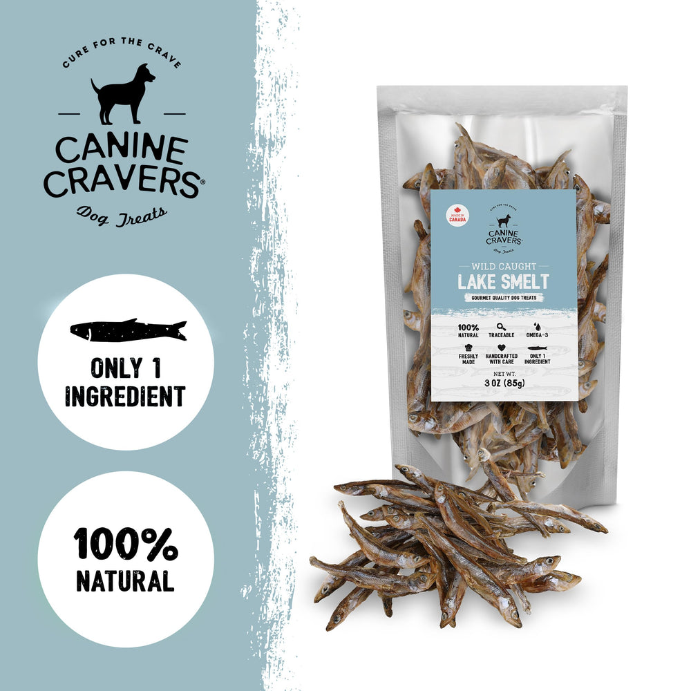 Cure for the Crave Canine Cravers wild caught-lake-smelt Canada image highlights fresh-water source.