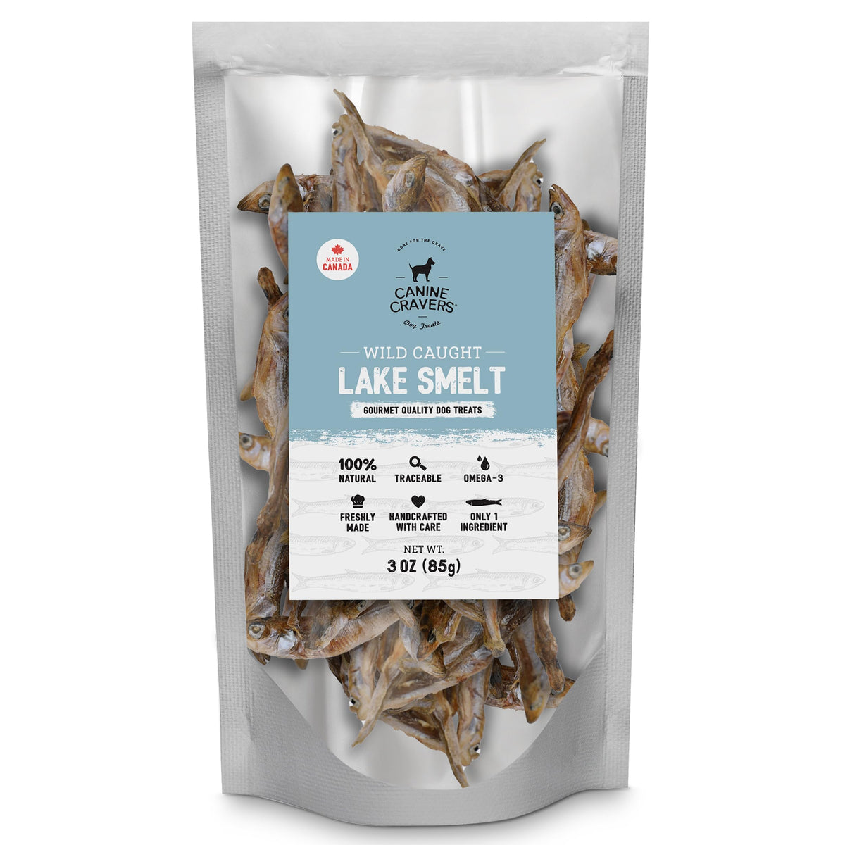 Cure for the Crave Canine Cravers wild-smelt-treats pack 3oz for premium single-ingredient snacking.