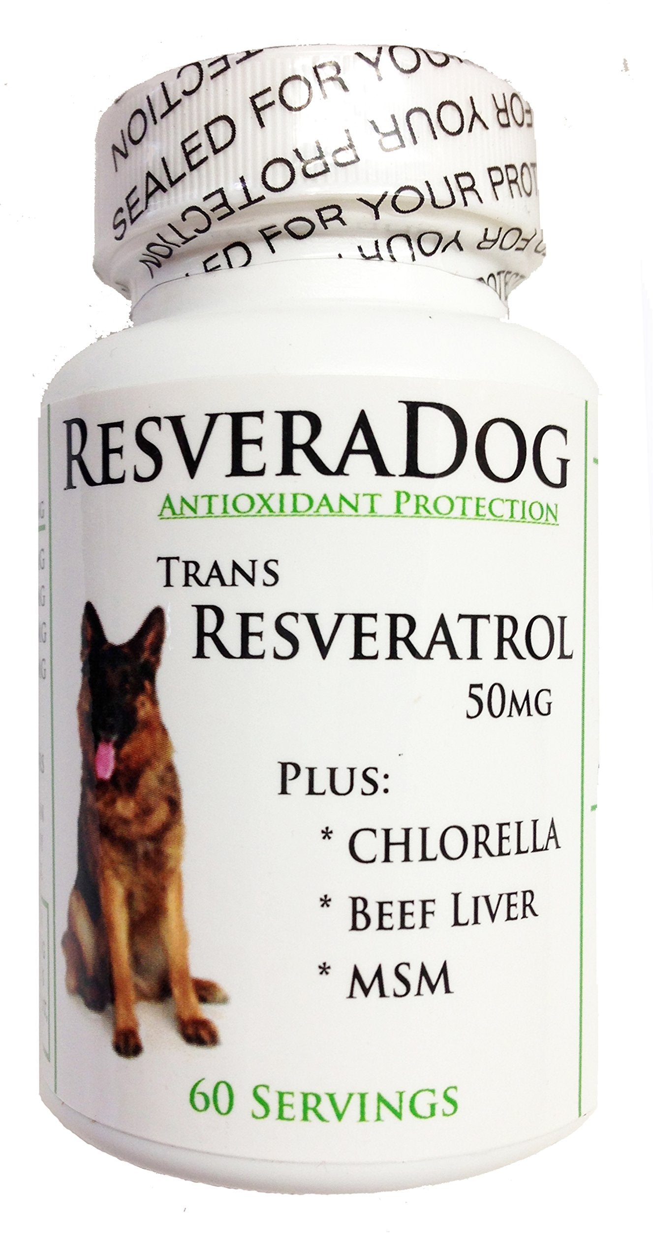 CurEase Resveradog bottle label shows natural antioxidant blend for dogs.