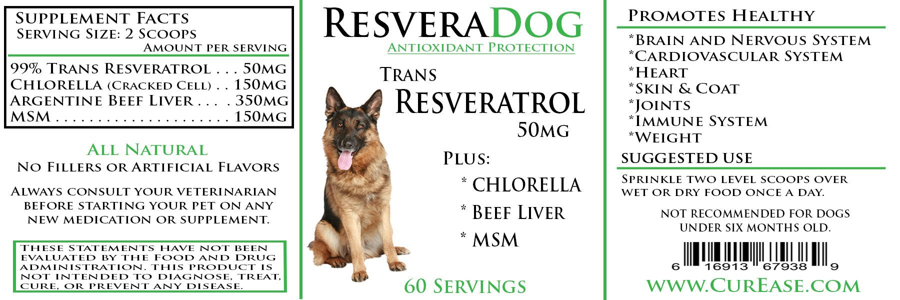 CurEase Resveradog dog eating image demonstrates tasty powder sprinkled on meals supporting daily vitality.