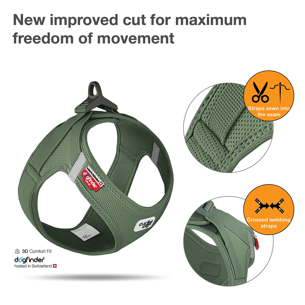 Curli air-mesh harness comfort demonstrates breathable fabric for relaxed walks.