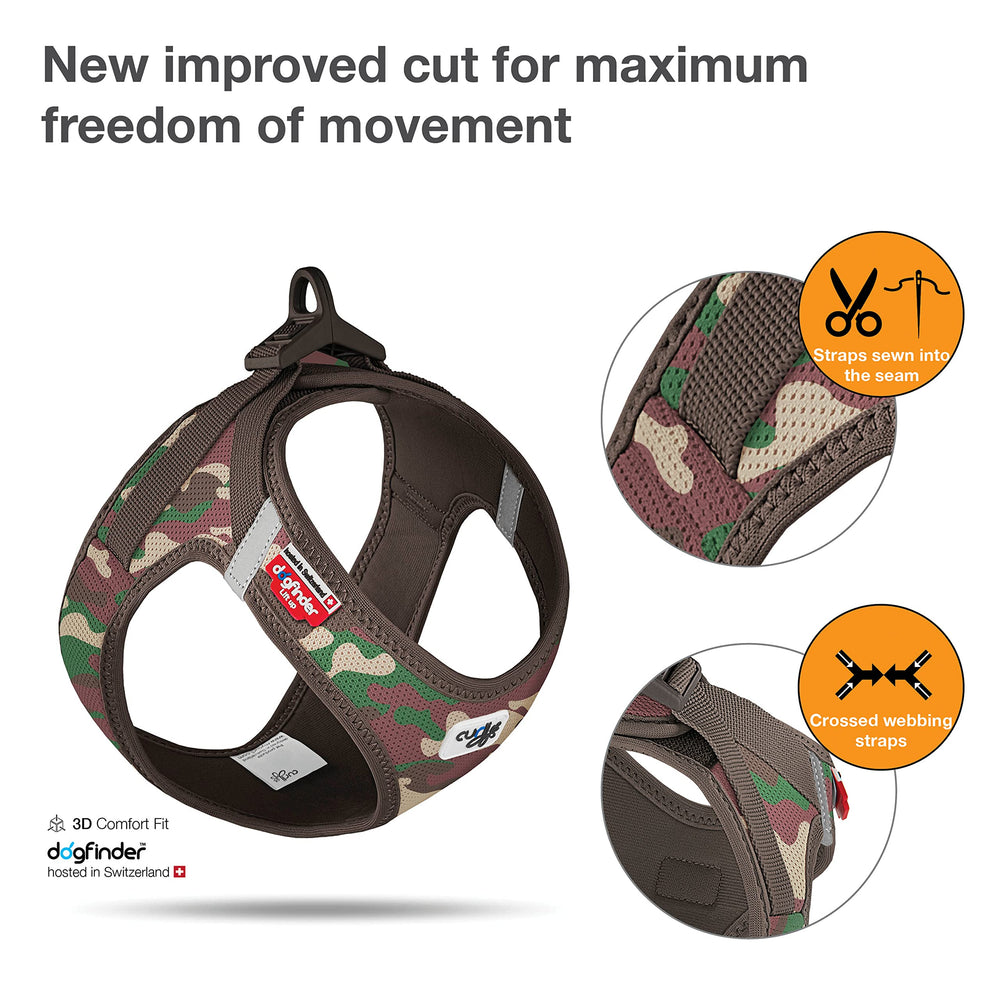 Curli Vest Harness Clasp Air-Mesh Camouflage 3XS side view highlights ergonomic fit for small dogs.