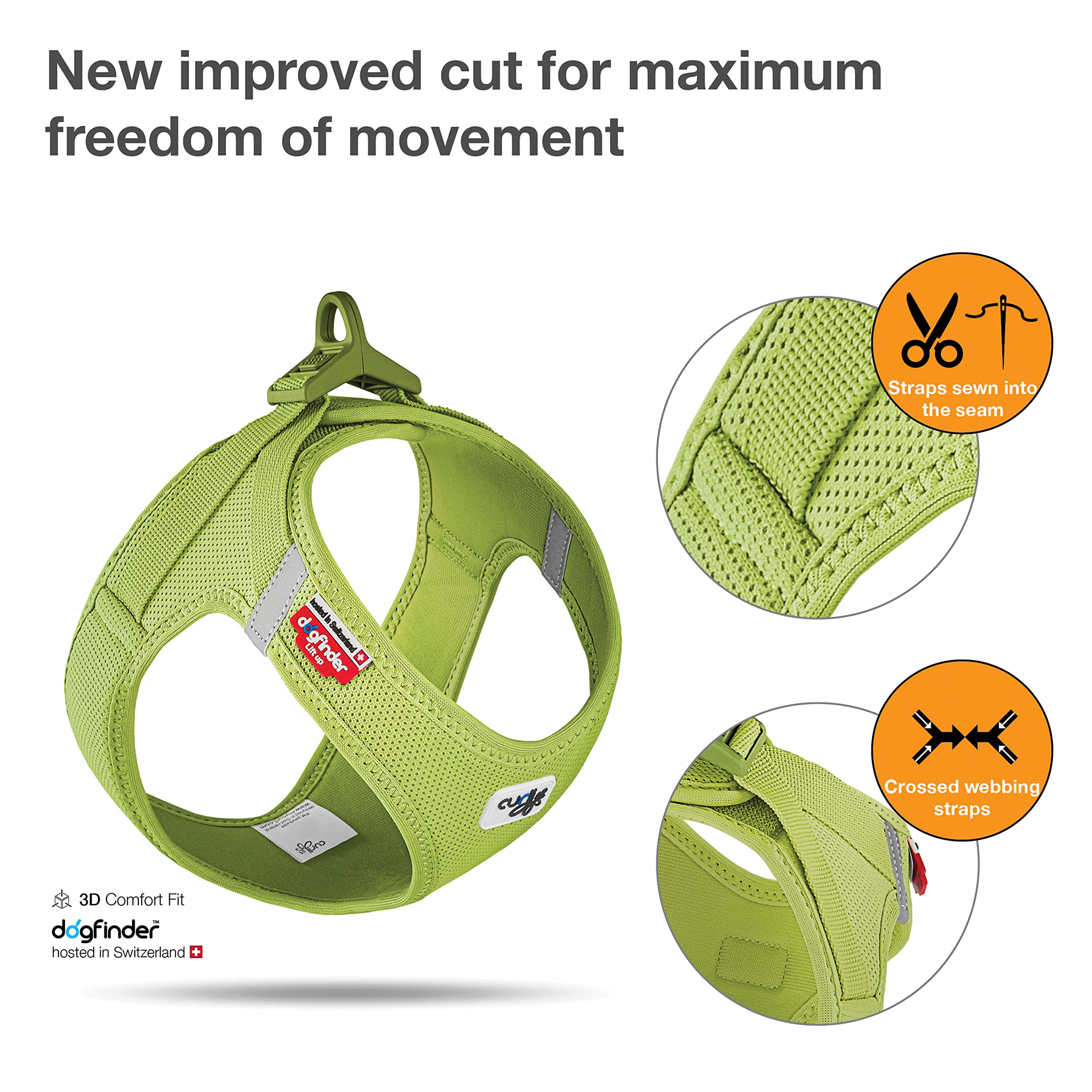 Curli Vest Harness Clasp Air-Mesh Lime S strap close-up, highlighting comfortable, pressure-free contact.