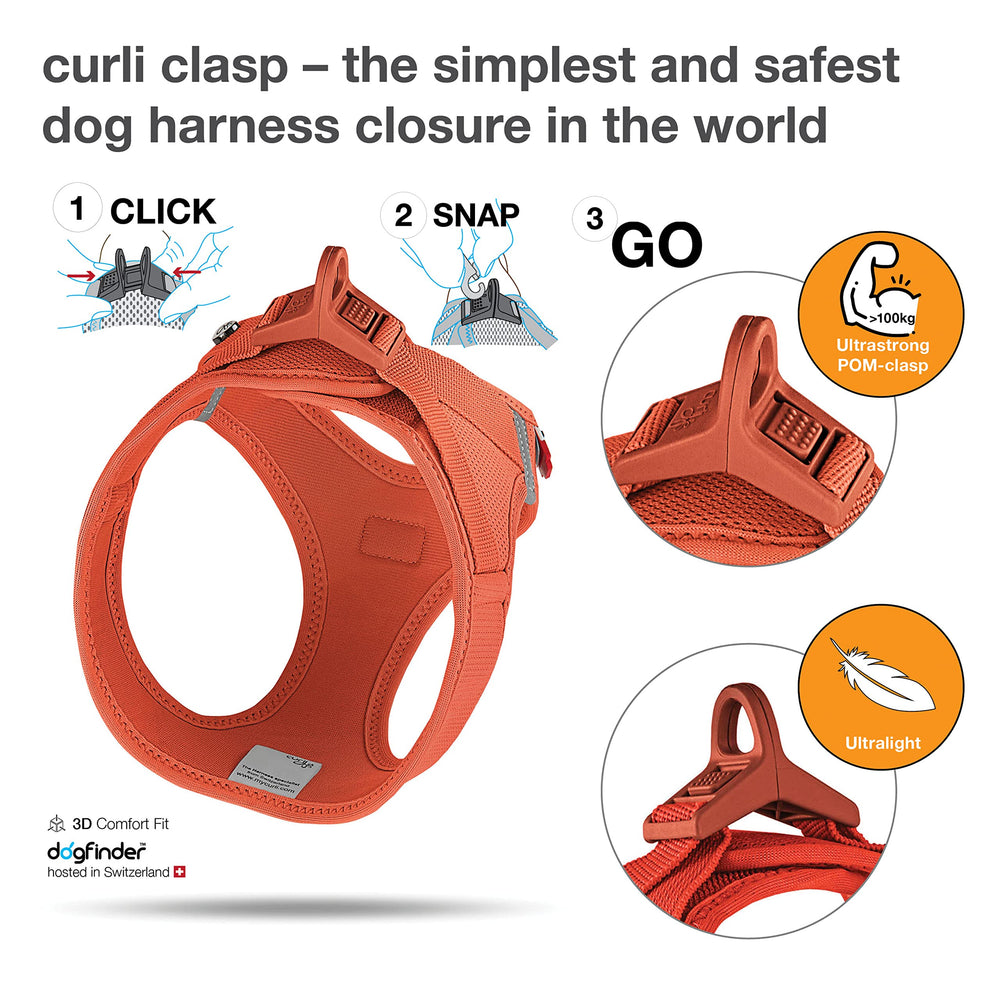 Curli Vest Harness Clasp Air-Mesh Sun Orange, buckle closeup demonstrating one-handed operation