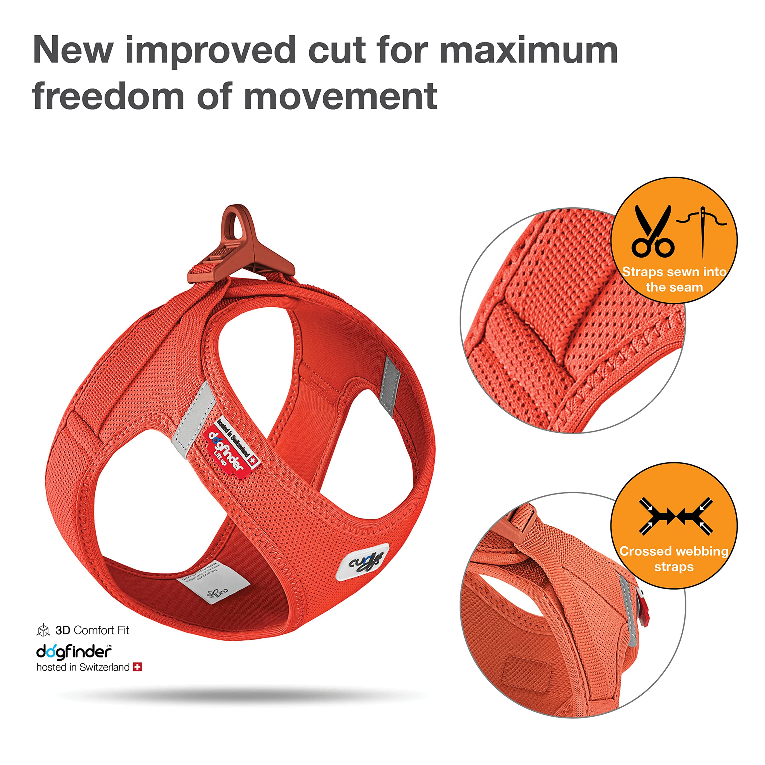 Curli Vest Harness Clasp Air-Mesh Sun Orange, side profile showing ergonomic fit during walks