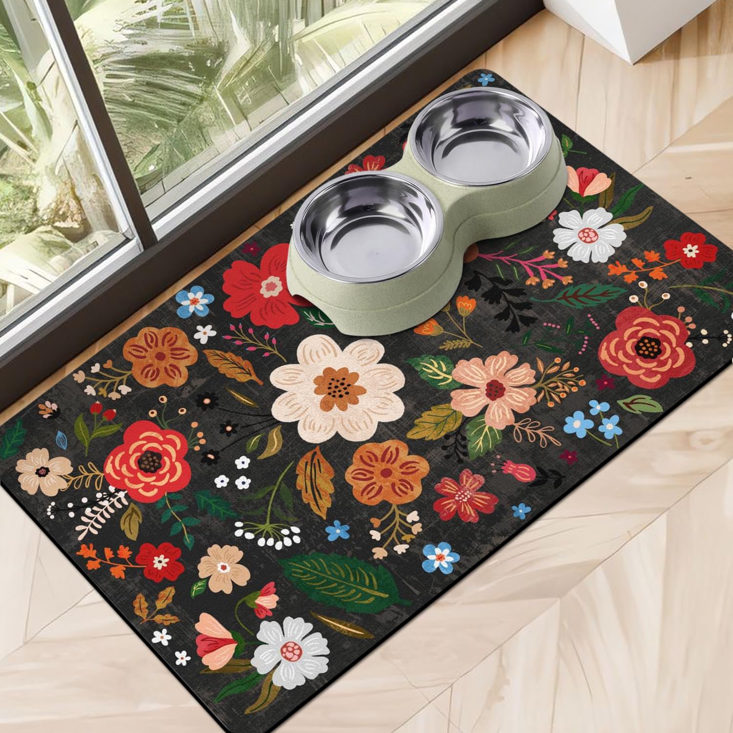 Cuslnox absorbent diatomaceous earth mat captures spills quickly for clean pet feeding