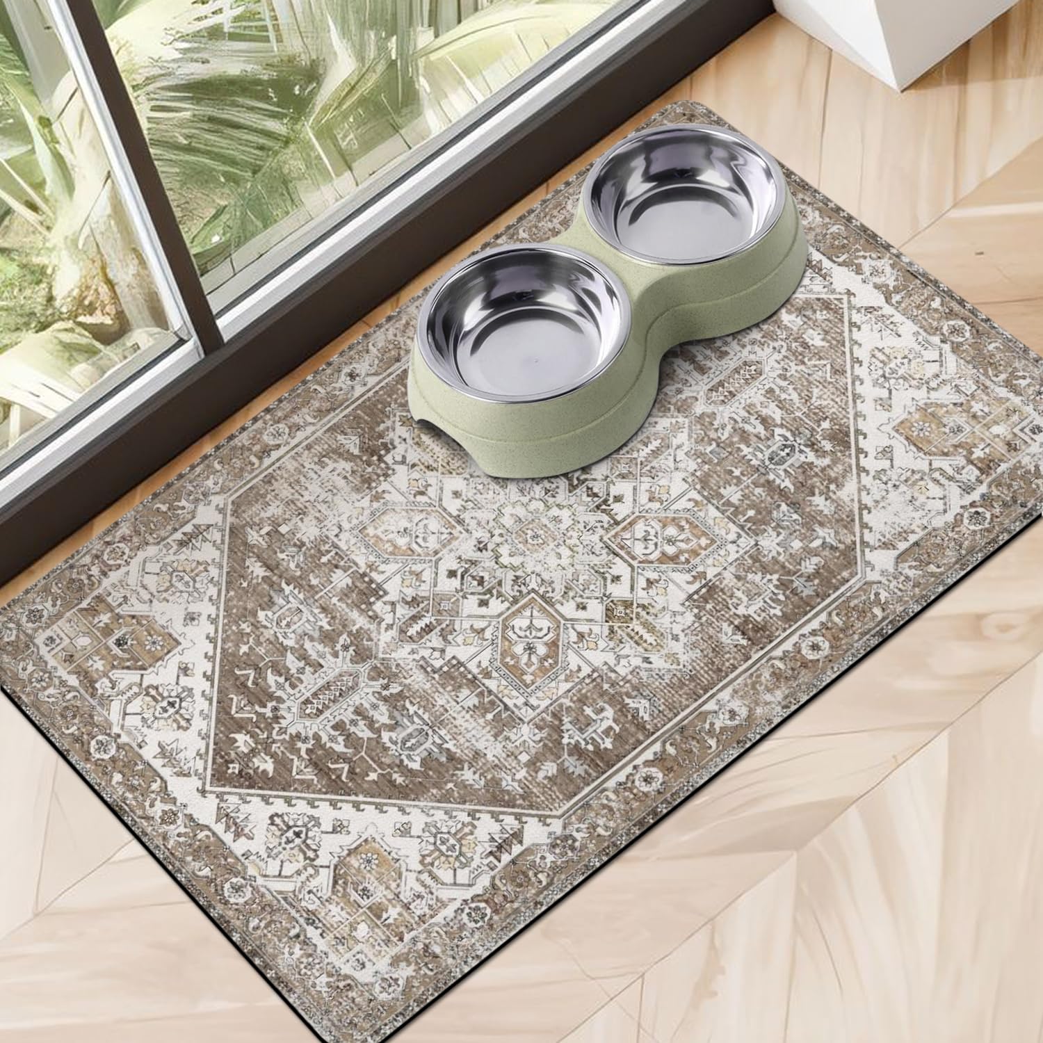 Cuslnox dog mat under water bowl with absorbent surface for quick spill drying.
