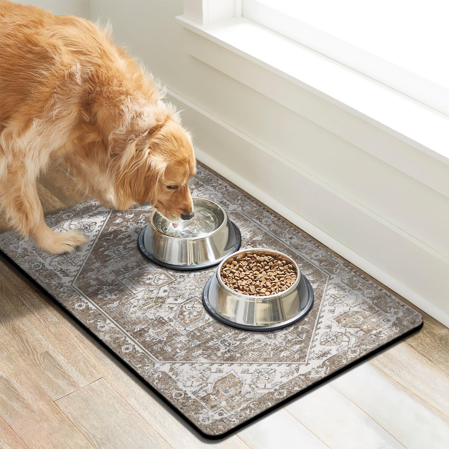 Cuslnox dog food mat with anti-skid back to stay in place during meals.