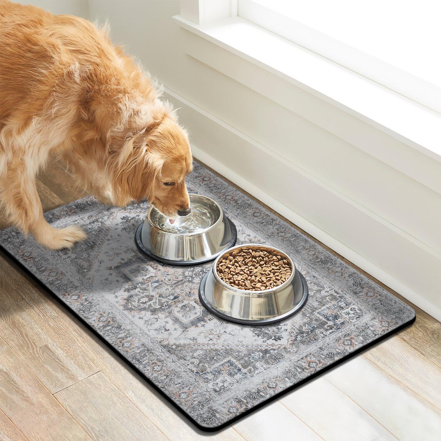 Cuslnox dog food mat with anti-slip back stays put during feeding.