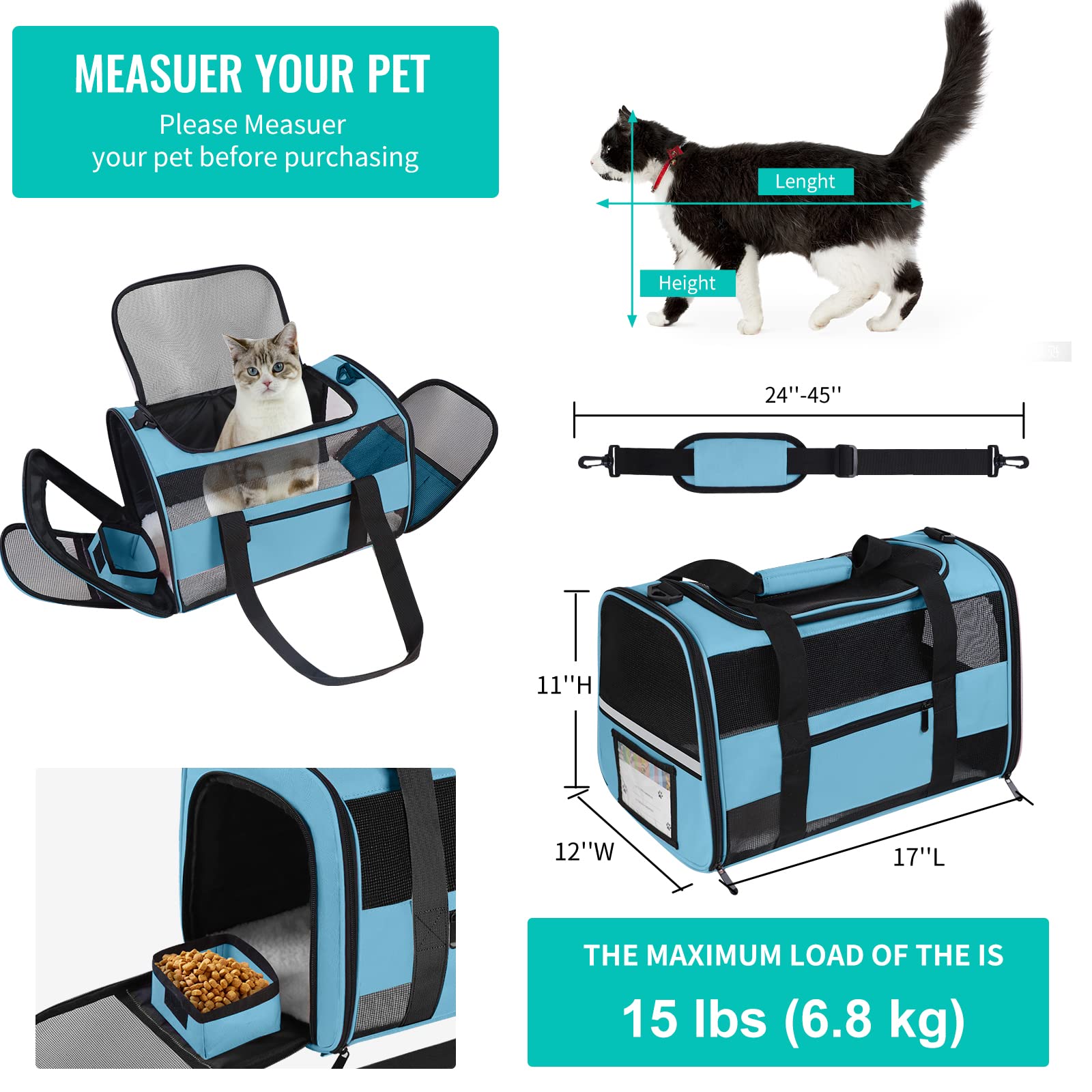 CUSSIOU airline-approved pet carrier backpack blue, back view showing ergonomic straps