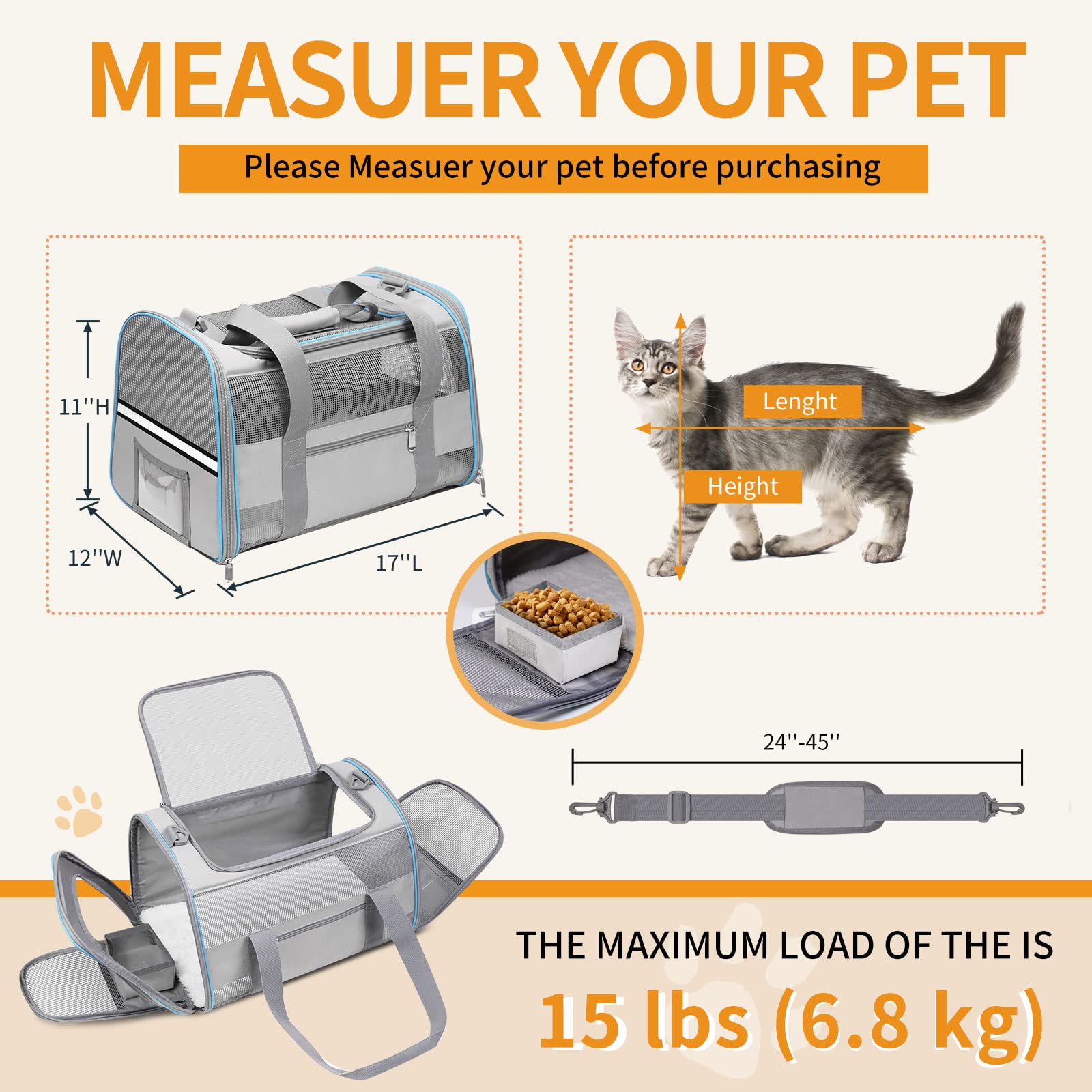CUSSIOU cat carrier shows adjustable strap and luggage attachment for convenient in-vehicle use.