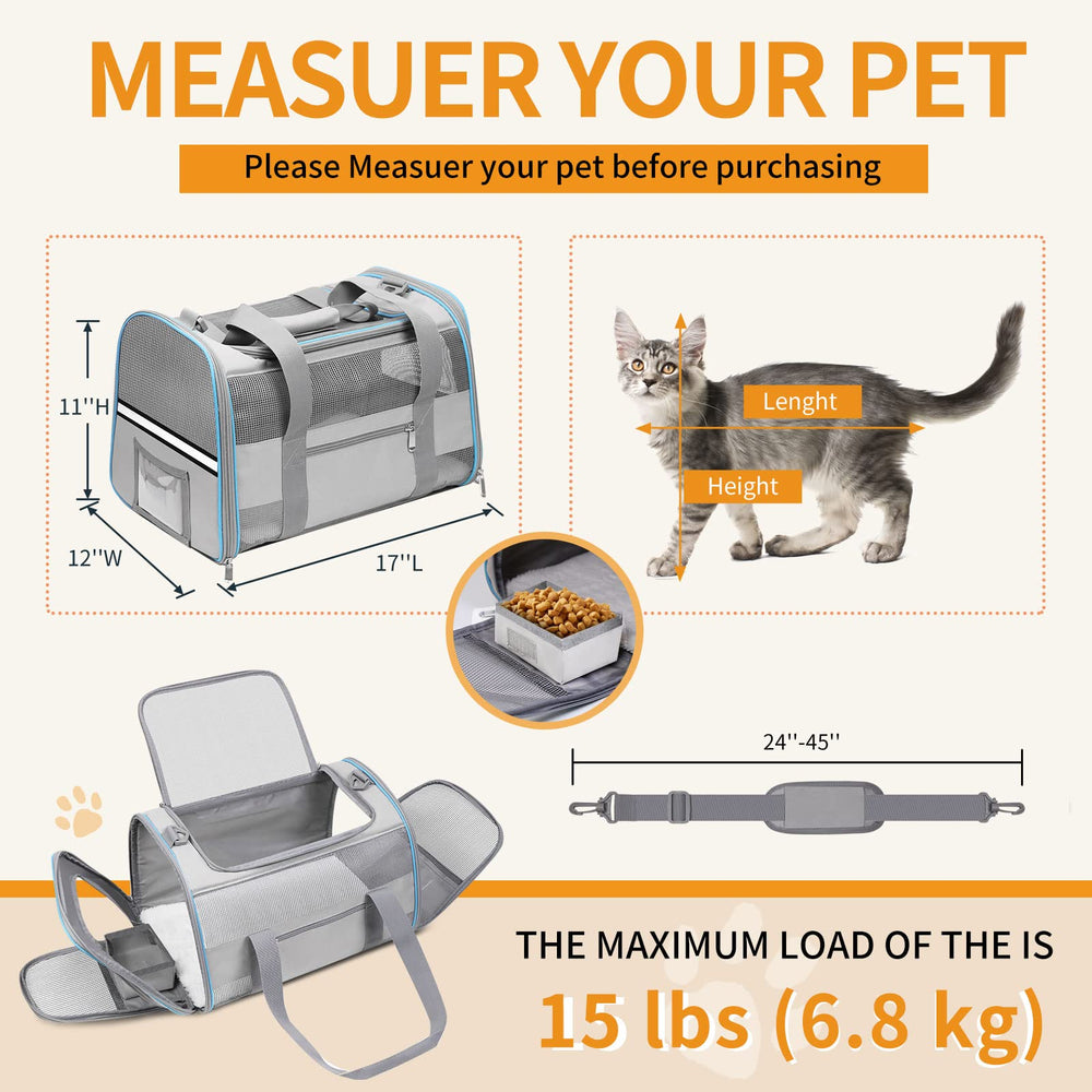 CUSSIOU cat carrier shows adjustable strap and luggage attachment for convenient in-vehicle use.