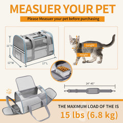 CUSSIOU cat carrier shows adjustable strap and luggage attachment for convenient in-vehicle use.
