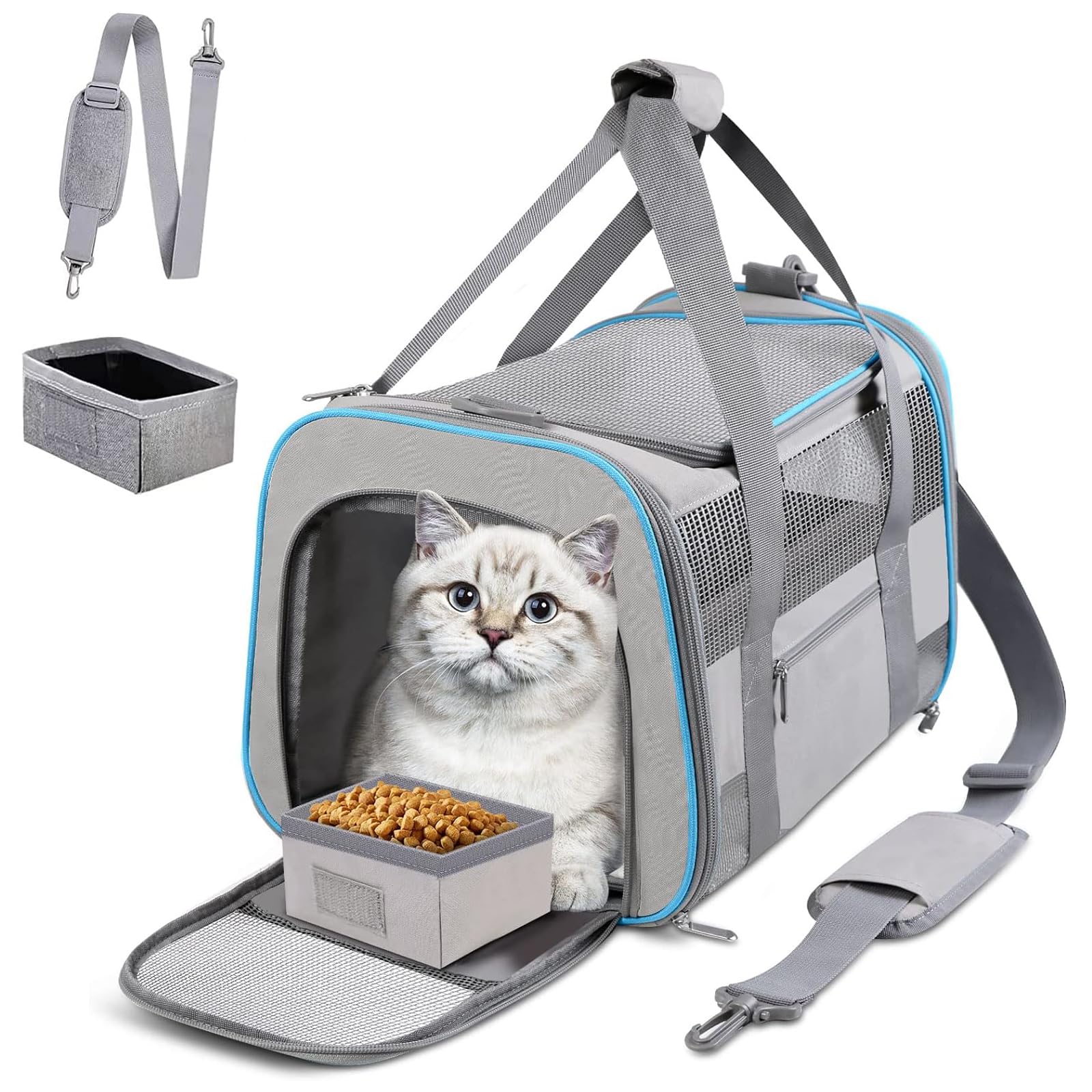 CUSSIOU cat carrier front view with collapsible soft-sided grey design for travel comfort.
