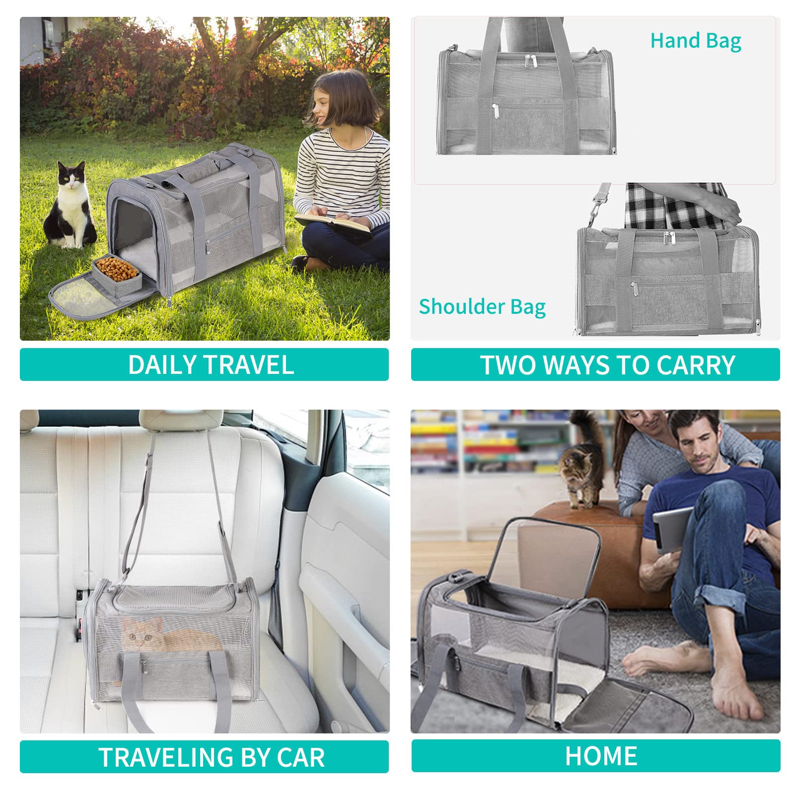 CUSSIOU pet carrier secured to car seat with strap for safe road travel.