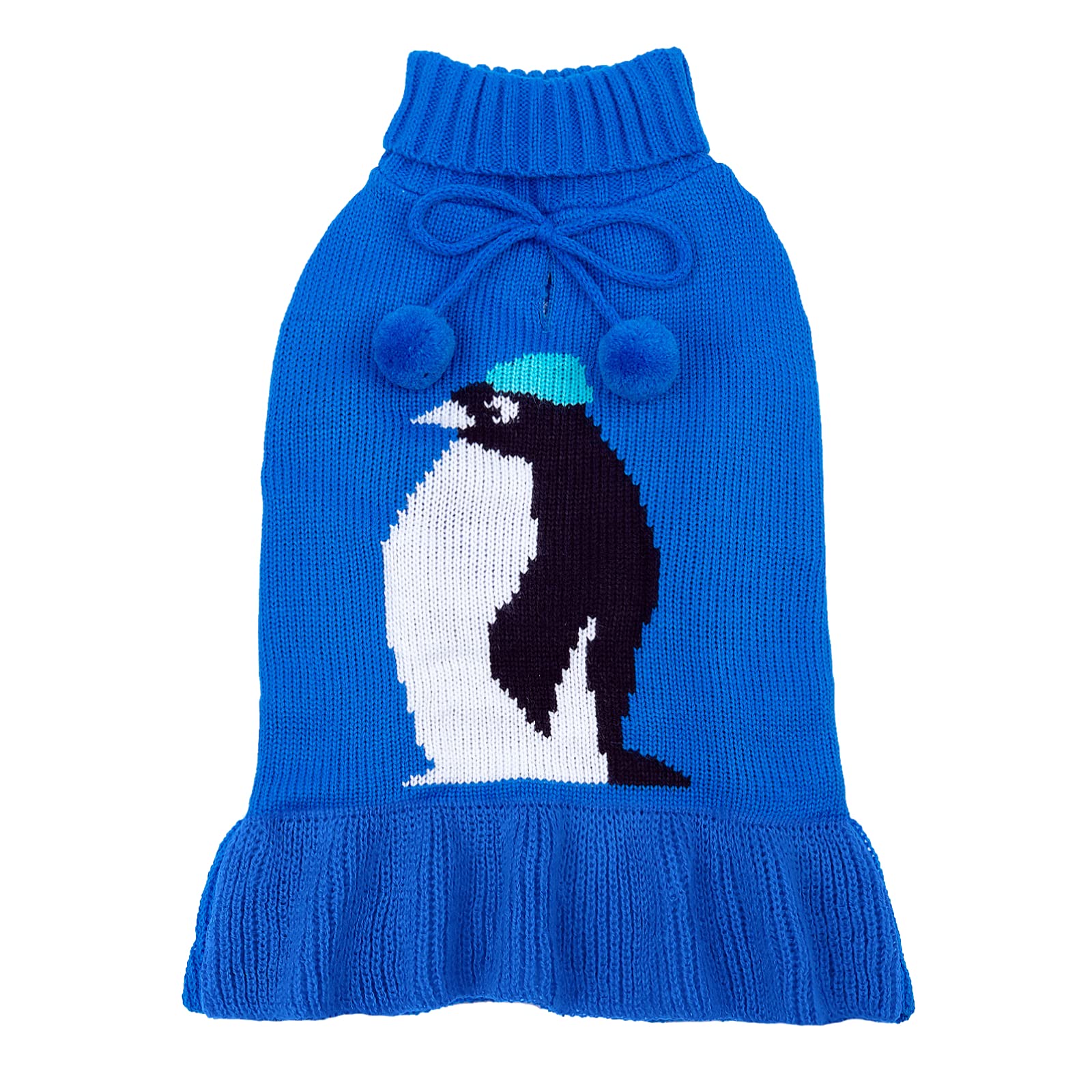 CuteBone blue dog sweater dress with penguin pattern keeps medium dogs warm and stylish.