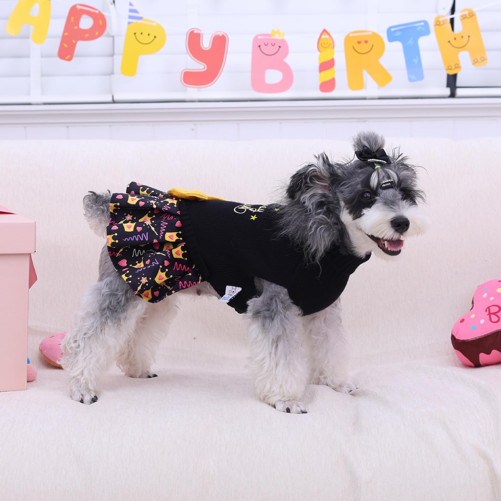 CuteBone Core Spun Birthday dog sweater dress with leash hole for easy walking.