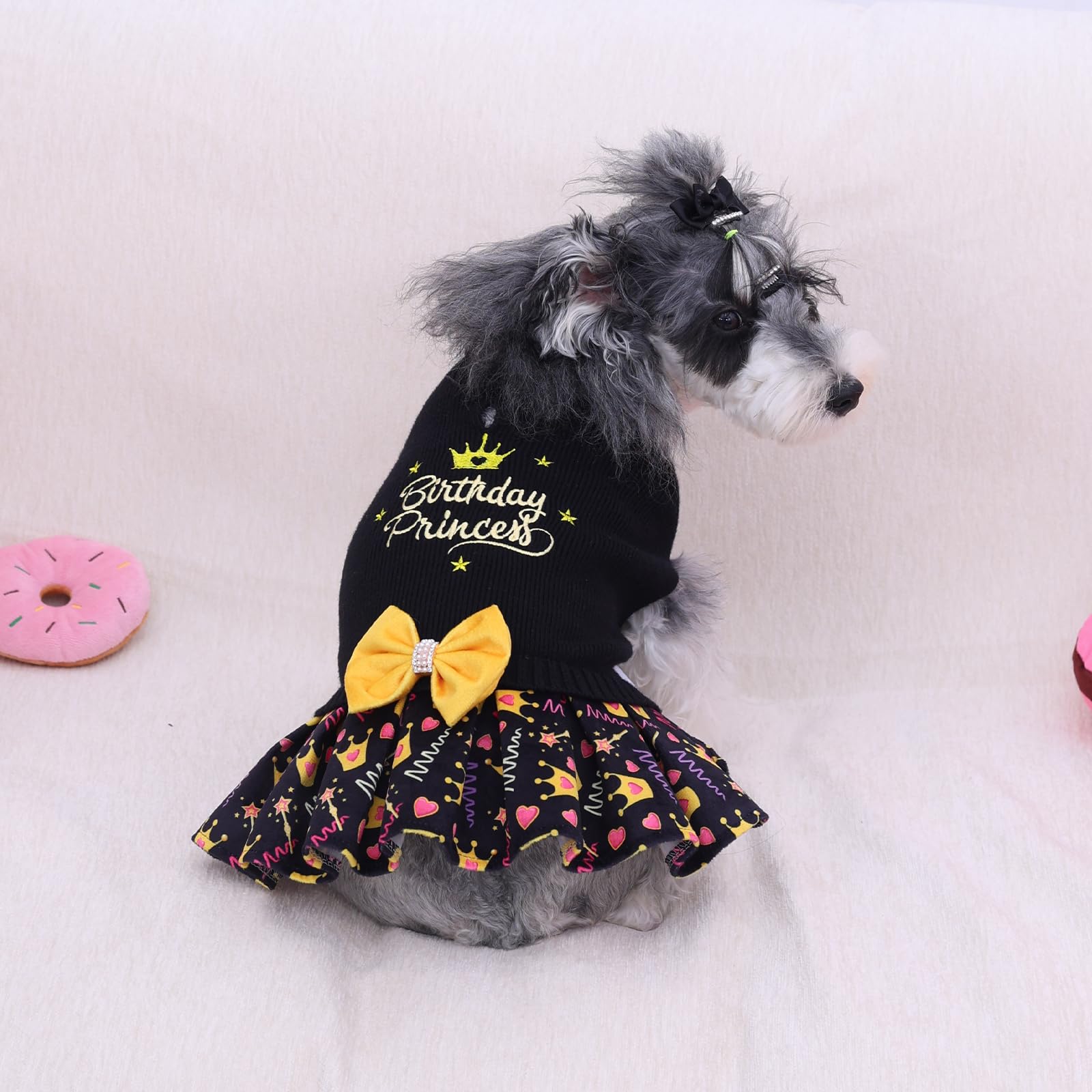 CuteBone Core Spun Birthday dog sweater dress side detail highlights chic embroidery.