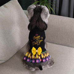 CuteBone Core Spun Happy New Year dog sweater dress back view demonstrates snug small dog fit.