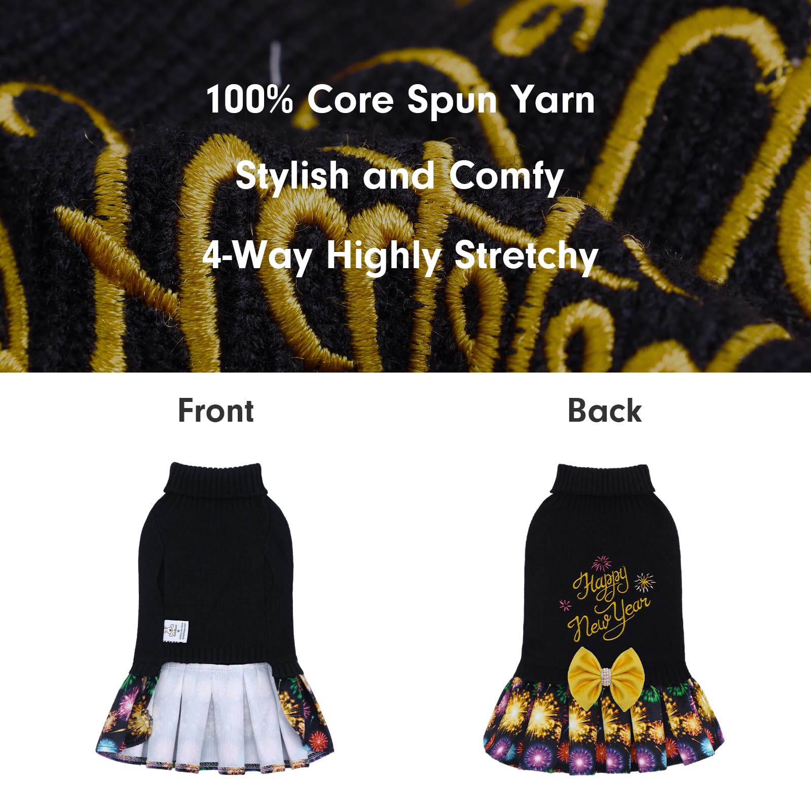 CuteBone Core Spun Happy New Year dog sweater dress leash-hole enables quick leash attachment during holidays.