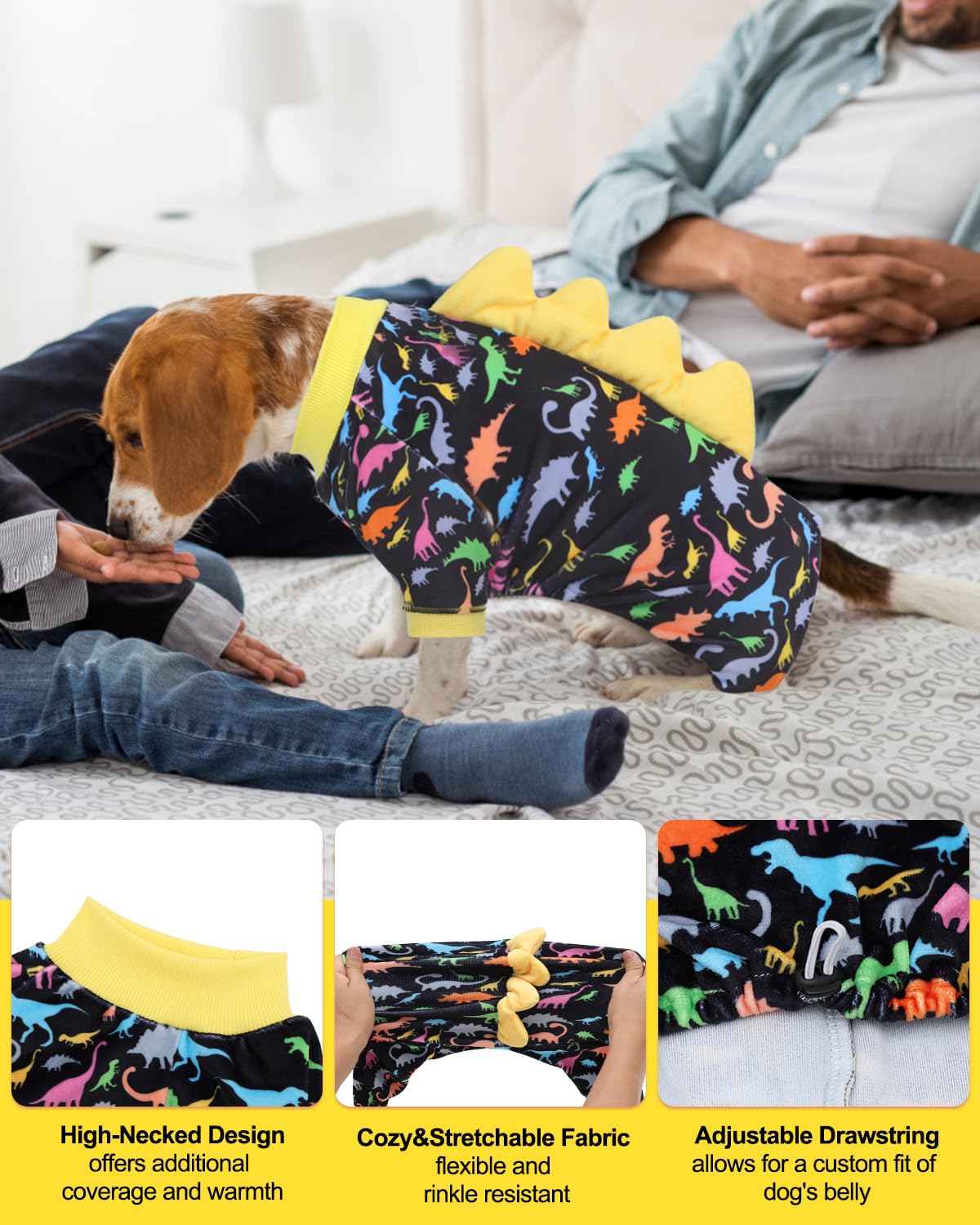 CuteBone dinosaur costume dog pajamas fabric stretch emphasizes gentle on skin and easy dressing.