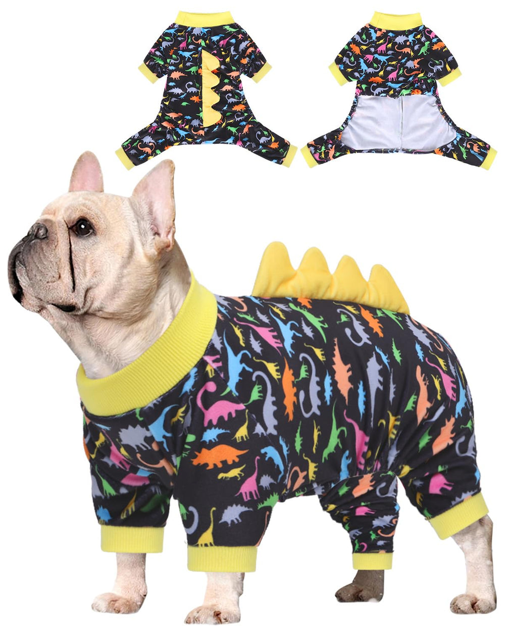 CuteBone dinosaur costume dog pajamas front view highlighting soft stretch fabric for comfy movement.