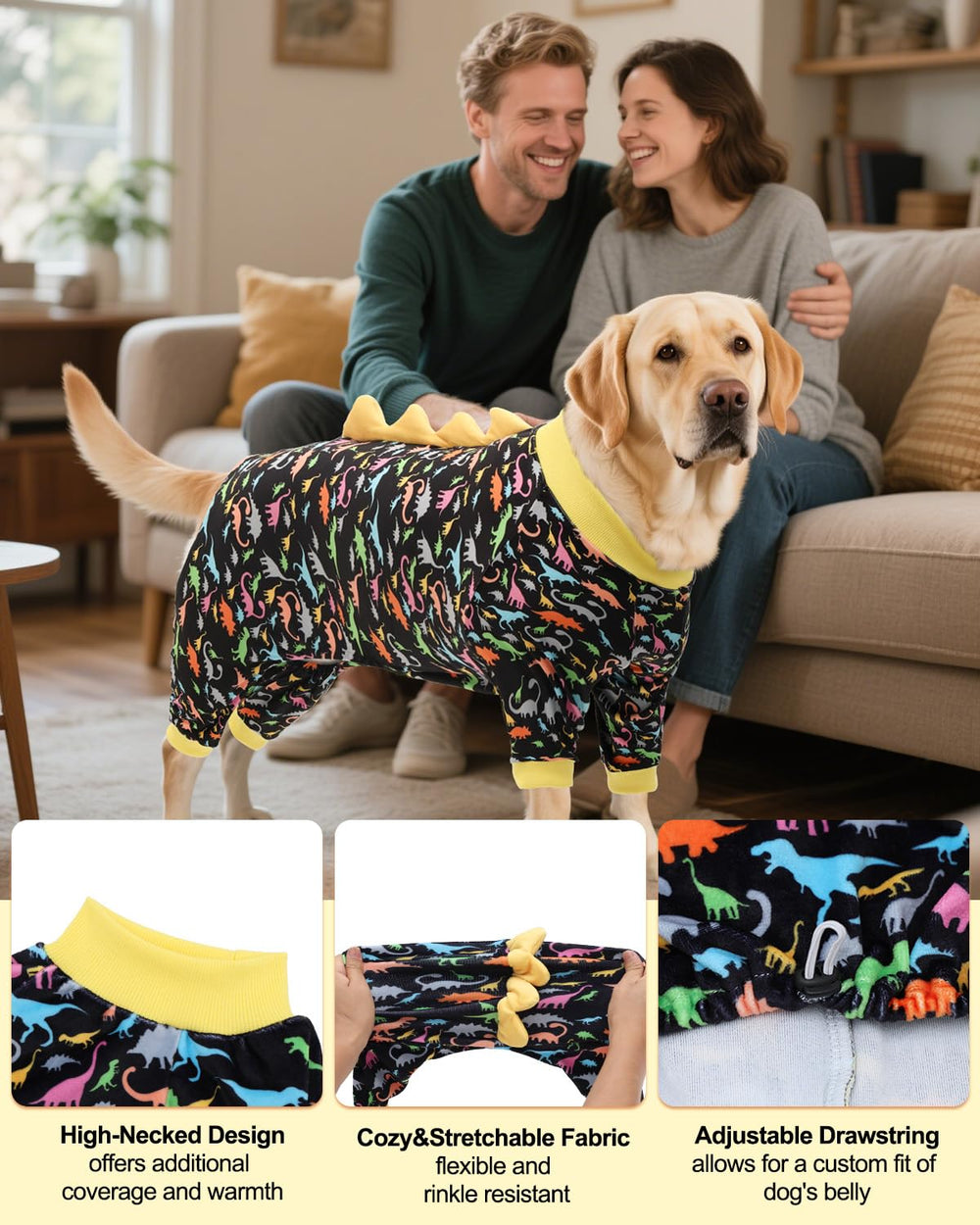 CuteBone dinosaur costume dog pajamas worn by a dog showing snug medium-fit design.