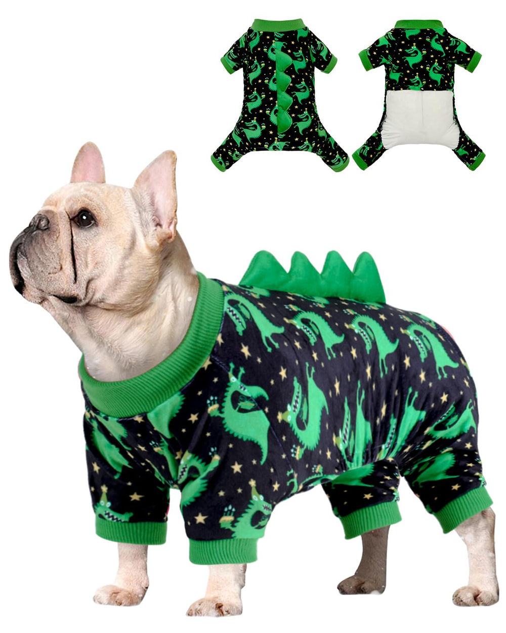 CuteBone dinosaur pajamas for small dogs, back view with dinosaur print, keeps pets warm and stylish