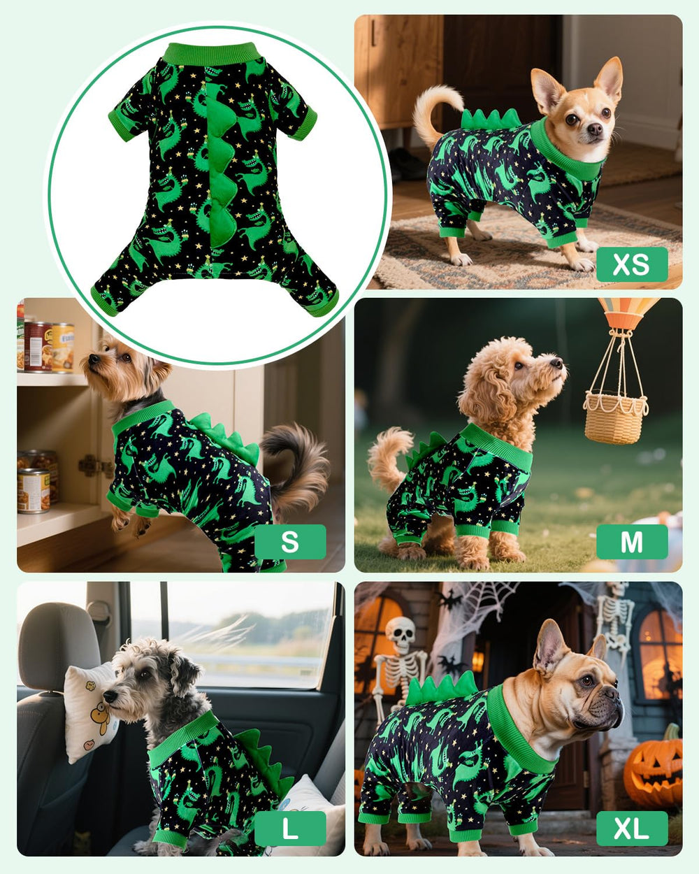 CuteBone dinosaur print design on small dog pajamas for playful cosplay vibes