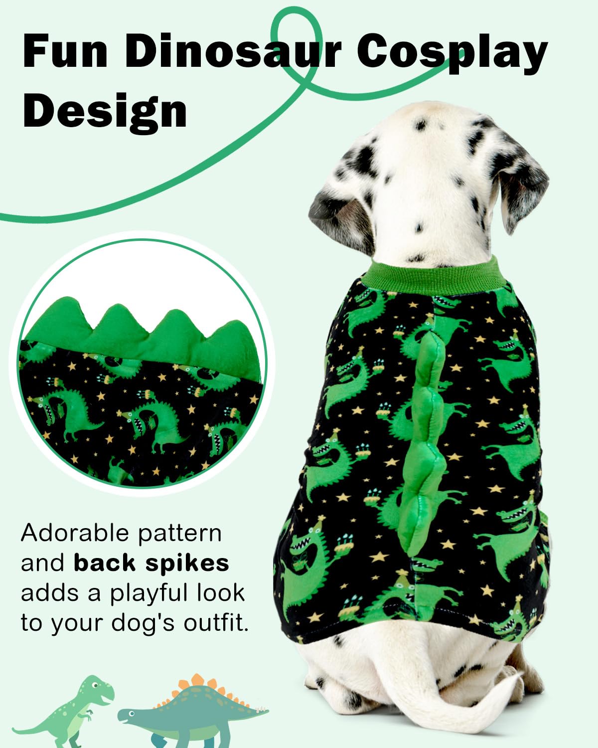CuteBone dinosaur pajamas, front pullover view, easy dressing with snug one piece fit