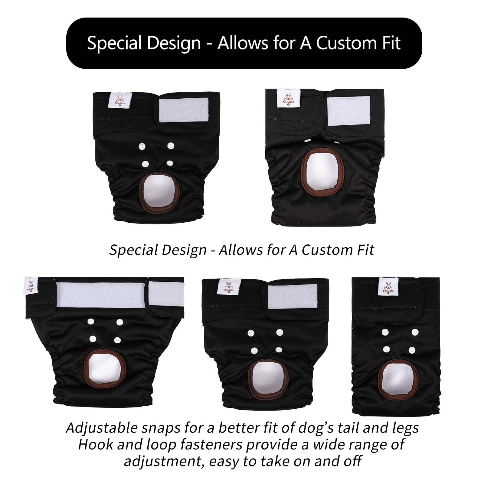 CuteBone dog diapers adjustable fit demonstrates elastic leg adjustments for secure wear