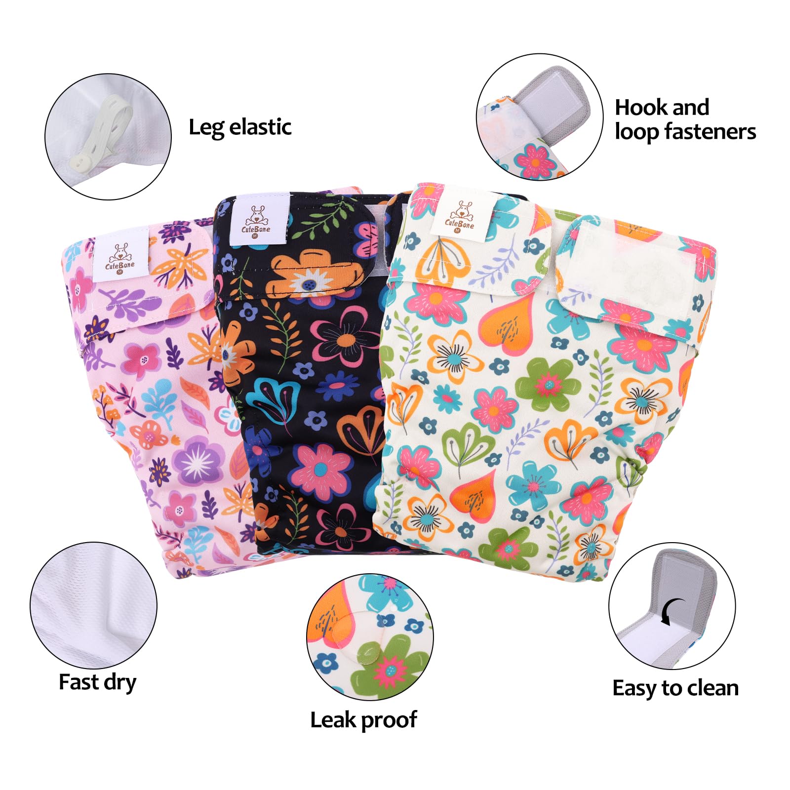 CuteBone diaper with adjustable leg elastics for a snug, leak-resistant fit