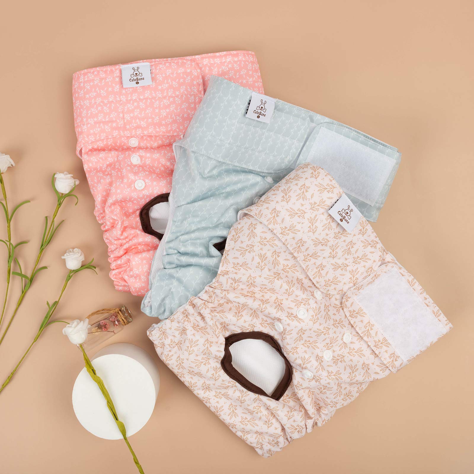 CuteBone dog diapers fastener closures ensure secure fit without slipping.