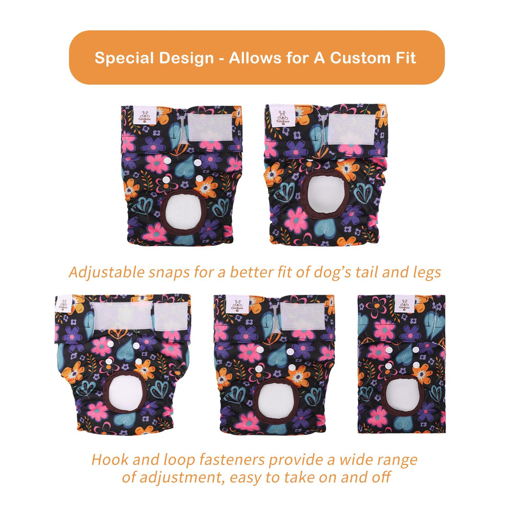 CuteBone dog diapers adjustable leg elastics illustrate secure, comfortable wear