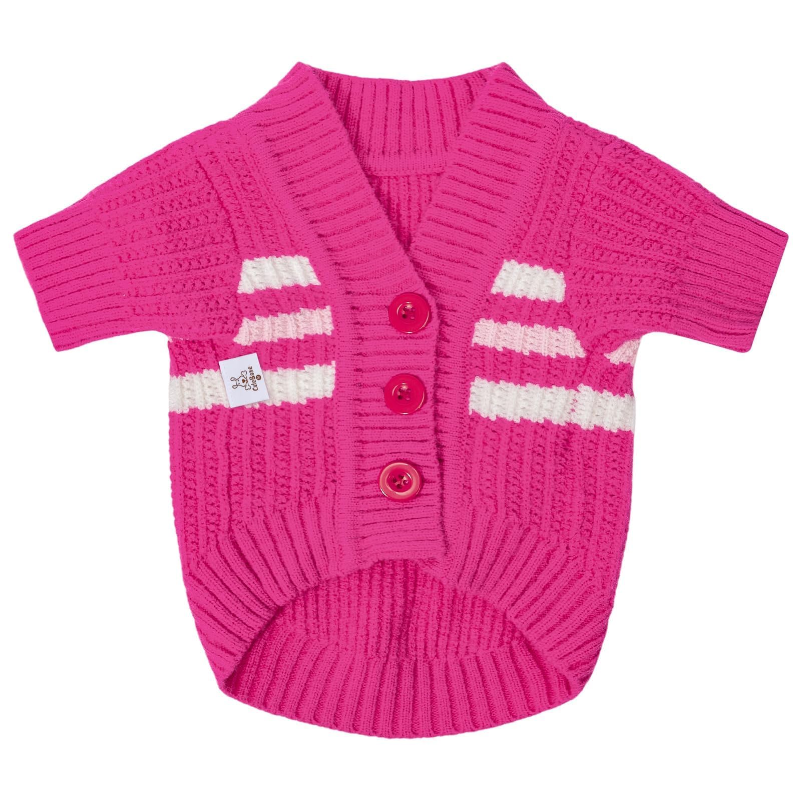 CuteBone dog striped cardigan pink closeup shows warm Arctic Fleece texture for cozy walks