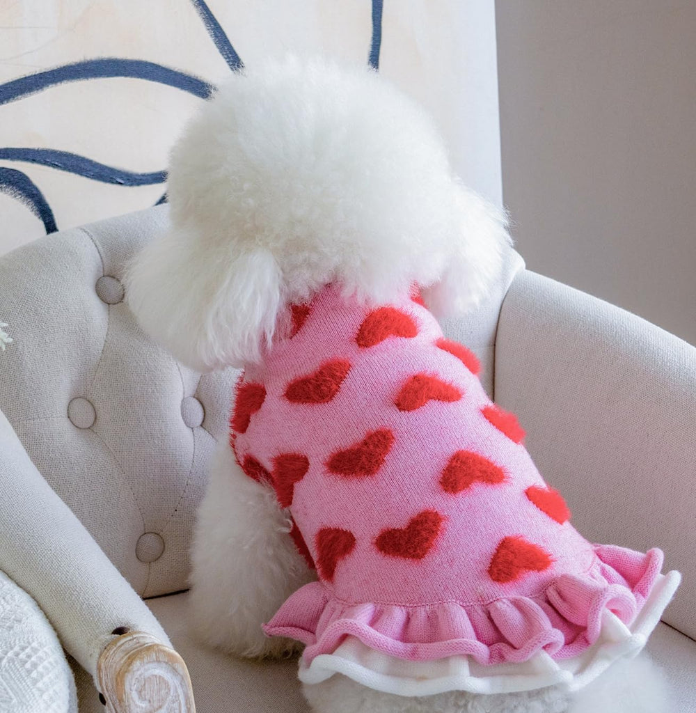 CuteBone Fancy Pink Dog Sweater Dress with ruffle detail adds charming flair.