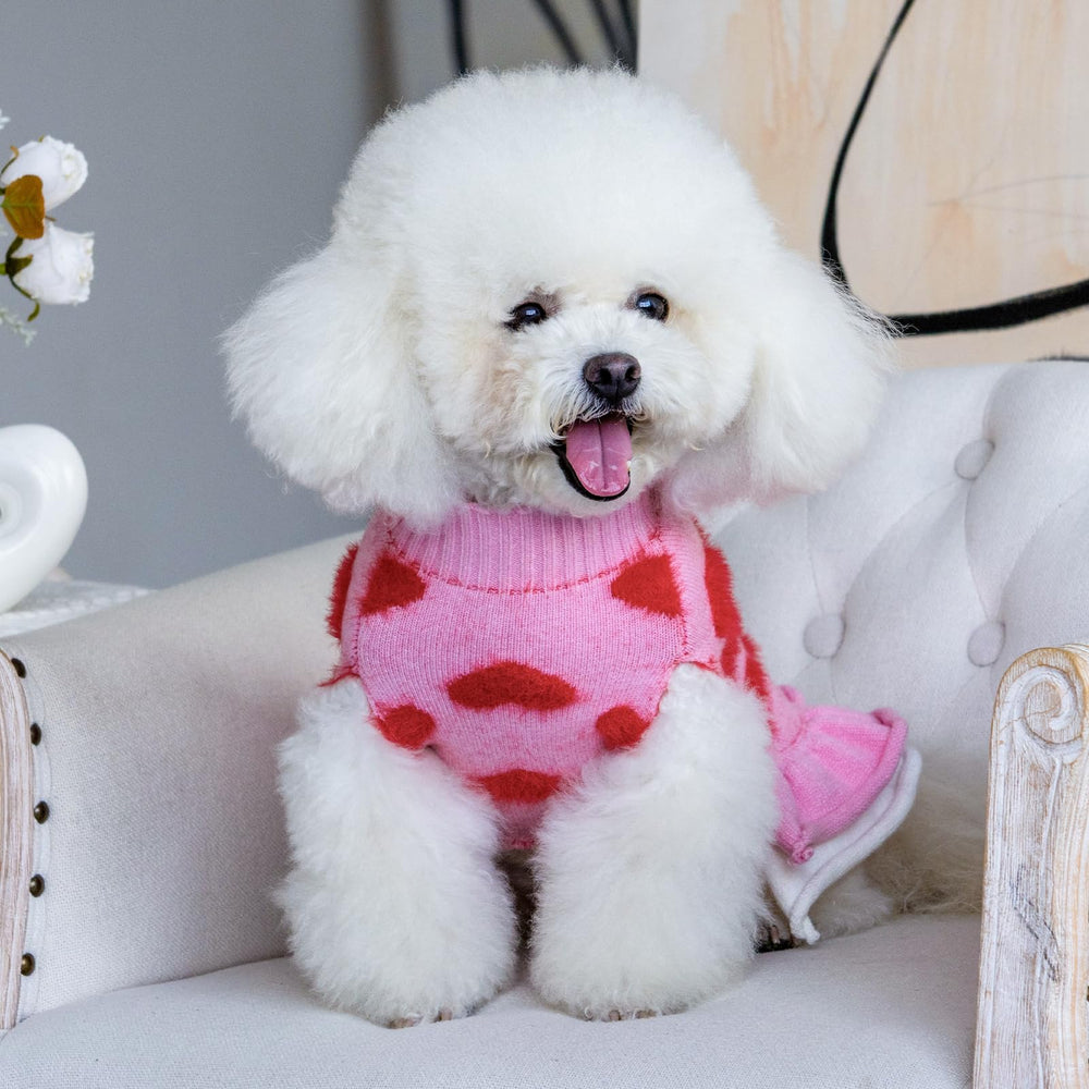 CuteBone Fancy Pink Dog Sweater Dress side view highlights soft fabric and fit
