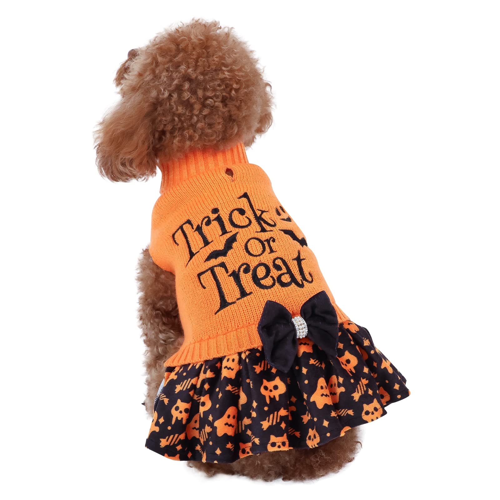 CuteBone Halloween dog sweater front view with bowtie for festive photos.