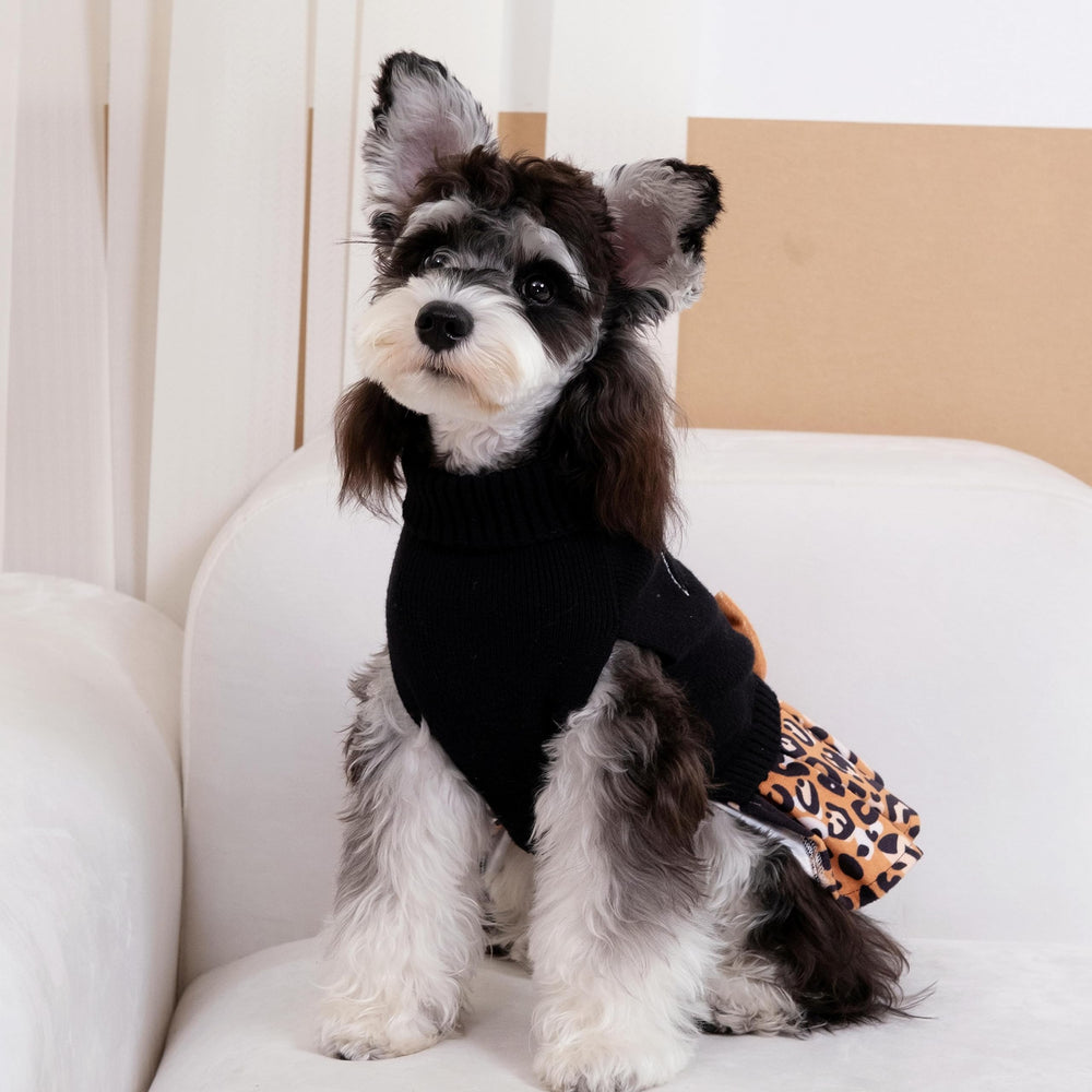 CuteBone leopard brown dog sweater dress back view demonstrates stretch for easy dressing.