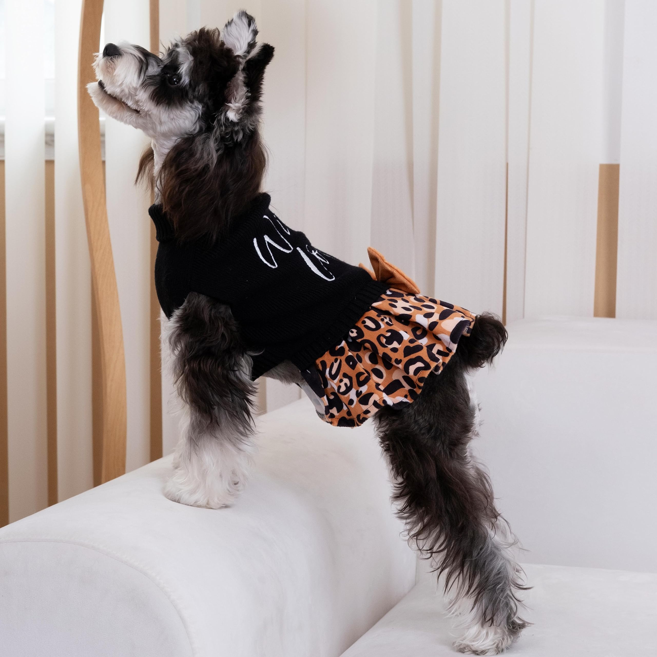 CuteBone leopard brown dog sweater dress bowtie detail adds cute charm for photo captures.