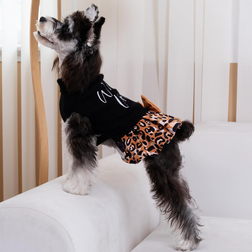 CuteBone leopard brown dog sweater dress bowtie detail adds cute charm for photo captures.