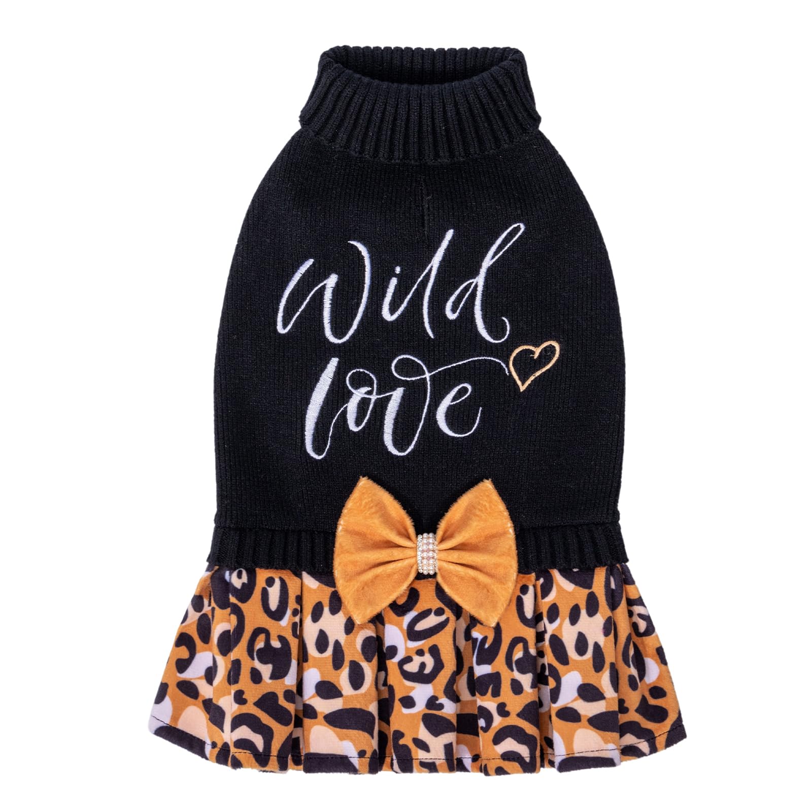 CuteBone leopard brown dog sweater dress front view highlights cozy knit warmth for daily wear.