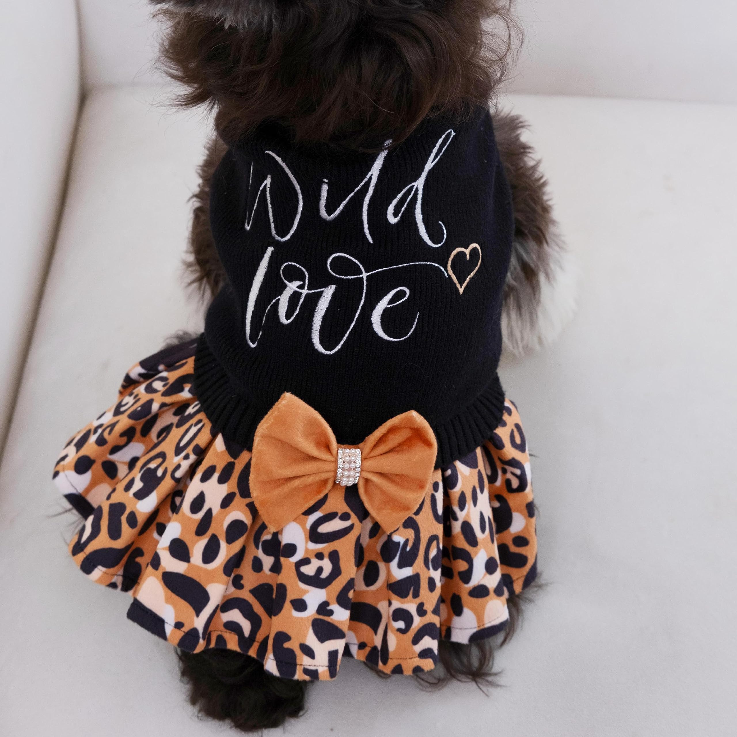 CuteBone leopard brown dog sweater dress worn on a puppy showcases versatile party-ready fashion.