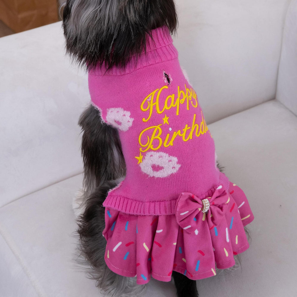 CuteBone pink dog sweater dress rhinestones detail adds chic charm for parties.