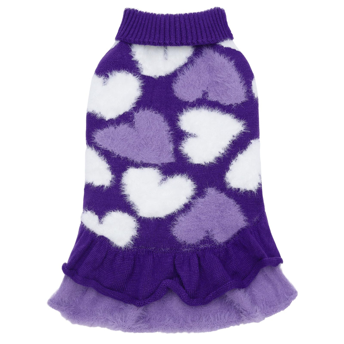 CuteBone Purple Heart Dog Sweater Dress front view provides cozy warmth.