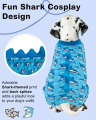 CuteBone Shark Costume Dog Pajamas back view with shark horns and playful print