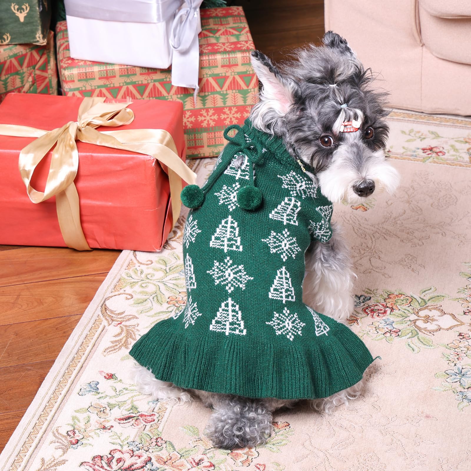 CuteBone Ugly Dog Christmas Sweater Dress back view with pom pom accents