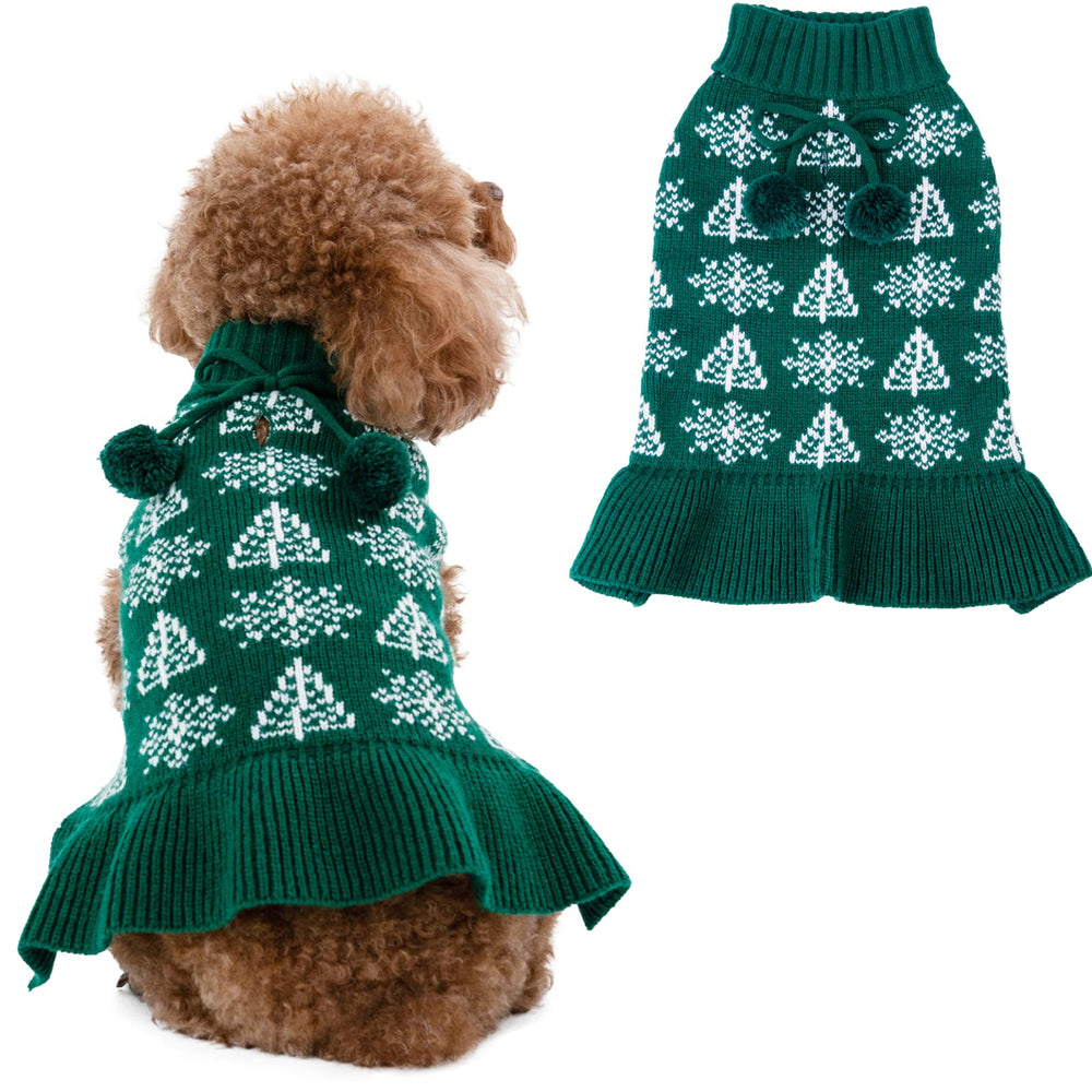 CuteBone Ugly Dog Christmas Sweater Dress front view with festive green knit