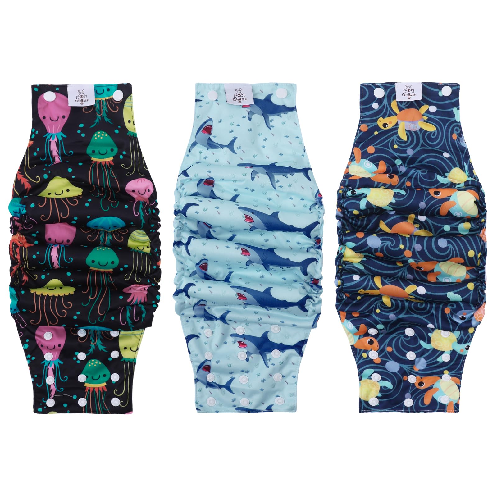 CuteBone washable dog diapers show secure adjustable snaps for male dogs on the go.