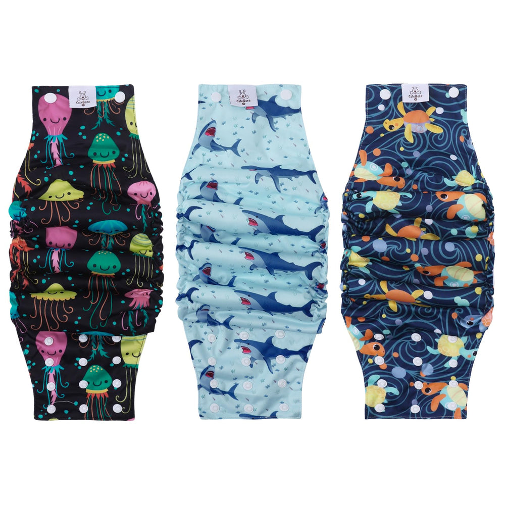 CuteBone washable dog diapers show secure adjustable snaps for male dogs on the go.